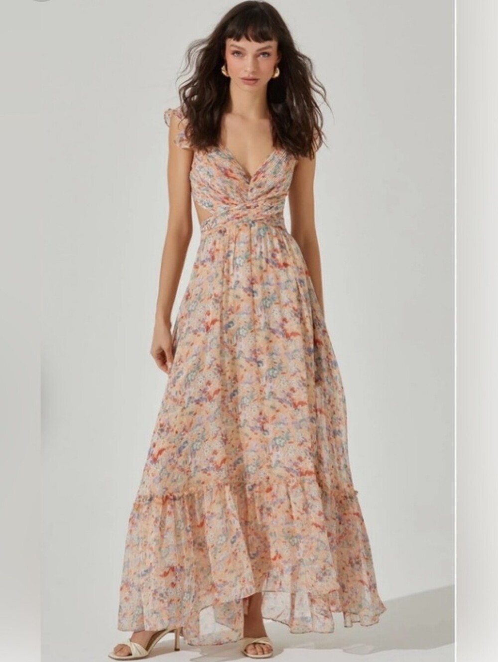 ASTR The Label Primrose Floral Strappy Back Maxi Dress Peach Floral Size Large